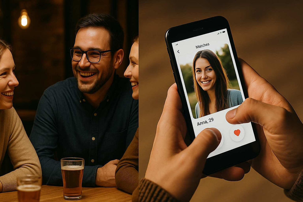 Geteiltes Bild: Links eine fröhliche Gruppe beim Stammtisch in gemütlicher Atmosphäre, rechts eine Hand, die auf einem Smartphone durch ein Dating-Profil wischt – symbolischer Vergleich zwischen realer Begegnung und Online-Dating.