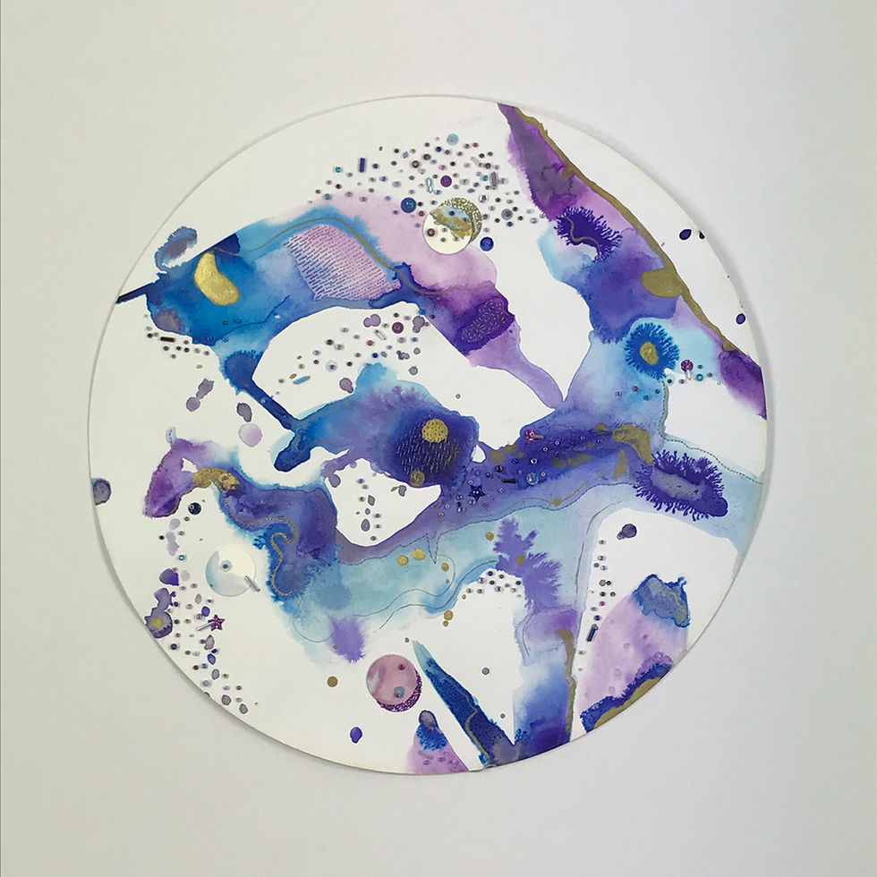Custom commission. Purple, blue and gold water colour and ink circle. Inspired by the milky way, hand stitched and embellished with glass beads, hand punched sequins, metallic thread.