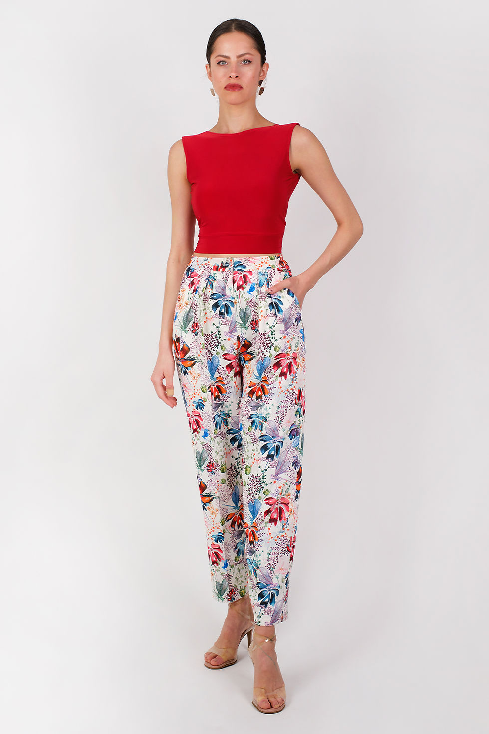 Thumbnail: Panths- White Dragonfly Crepe Tango Panths & Red Sleeveless Hipnoz Tango Top Set