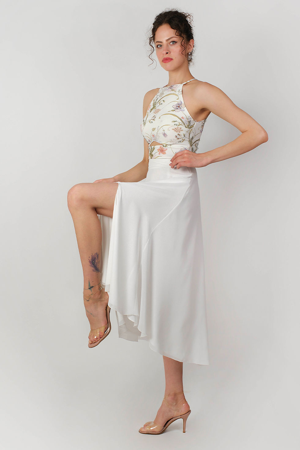 Thumbnail: Hipnoz - White Shiny Chiffon - Satin Skirt & White Blossom Bridge Top Tango Set