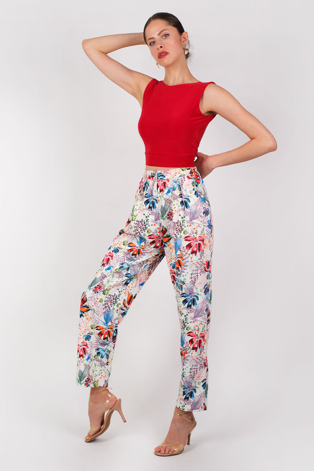Panths- White Dragonfly Crepe Tango Panths & Red Sleeveless Hipnoz Tango Top Set