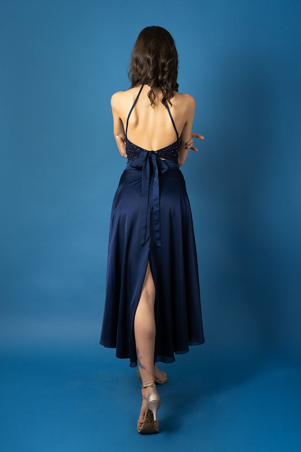 Thumbnail: Hipnoz-Navy Satin  Skirt/Europa-Navy Blue Sequin with Satin Lacing Tango Top Set