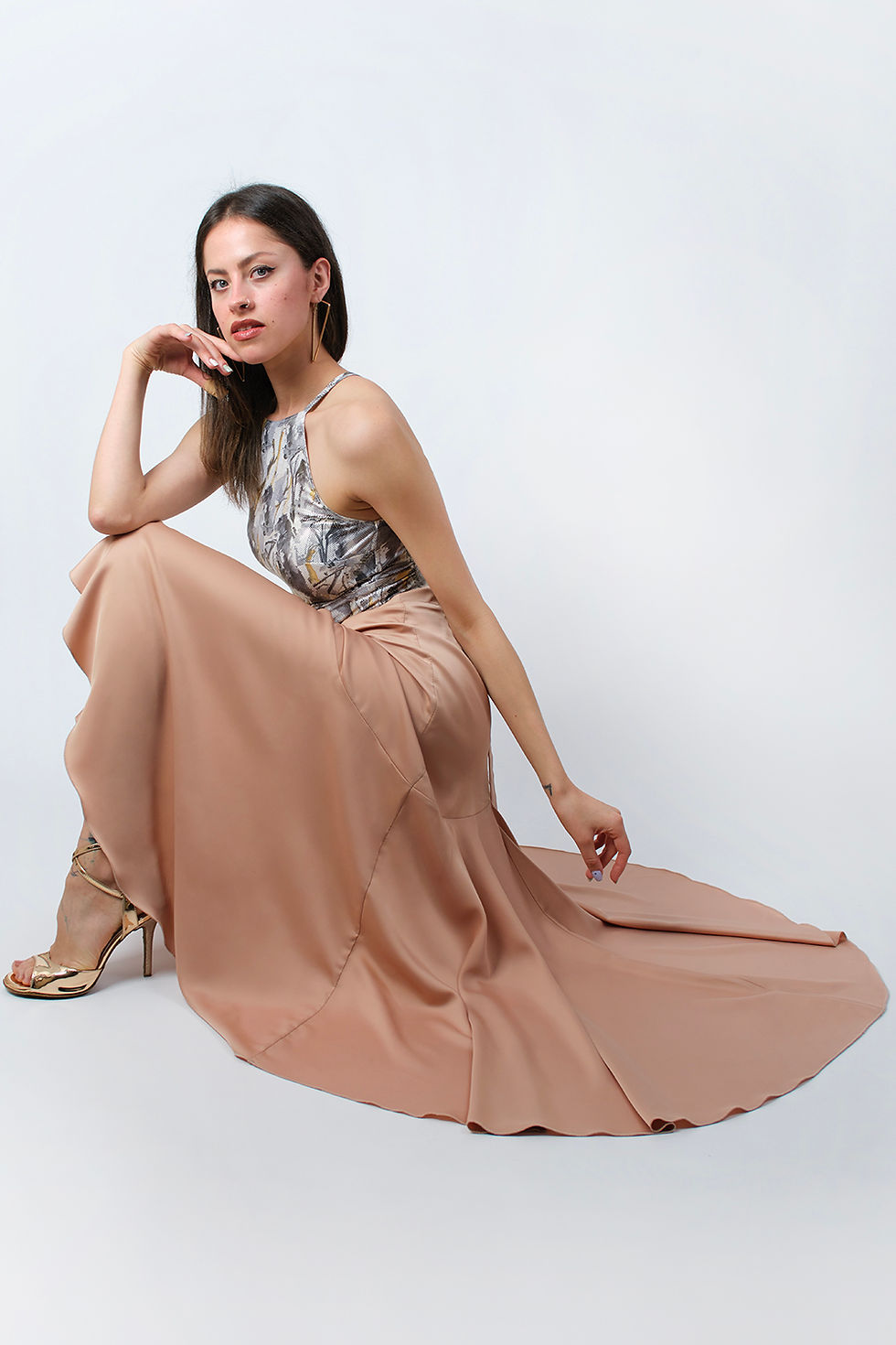 Thumbnail: Agus -Beige Satin Skirt & Bridge Silhouette Of Waltz Tango Top SeT