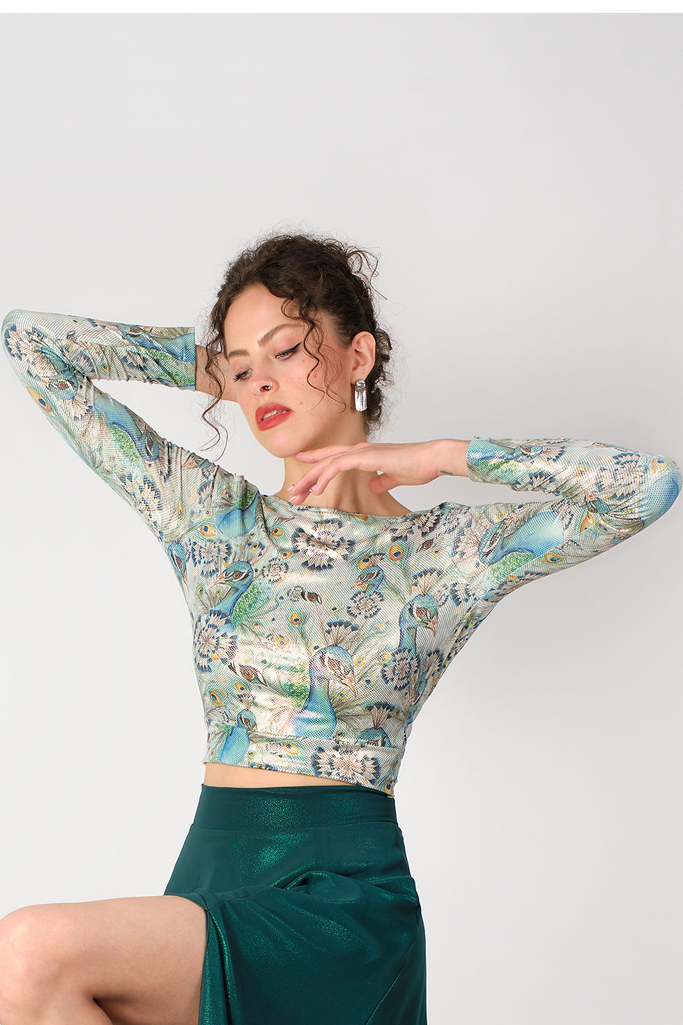 Thumbnail: Hipnoz - Green Shiny Chiffon - Satin Skirt & 'Shiny Peacock' Long Sleeve Top Set