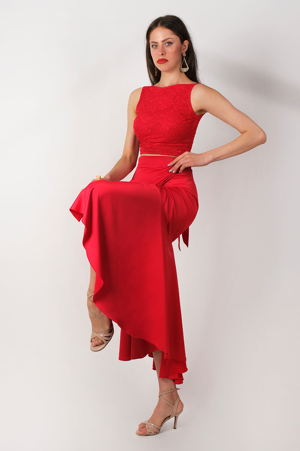 Agus - Red Satin Skirt & Bellisima  Lace Tango Top Set