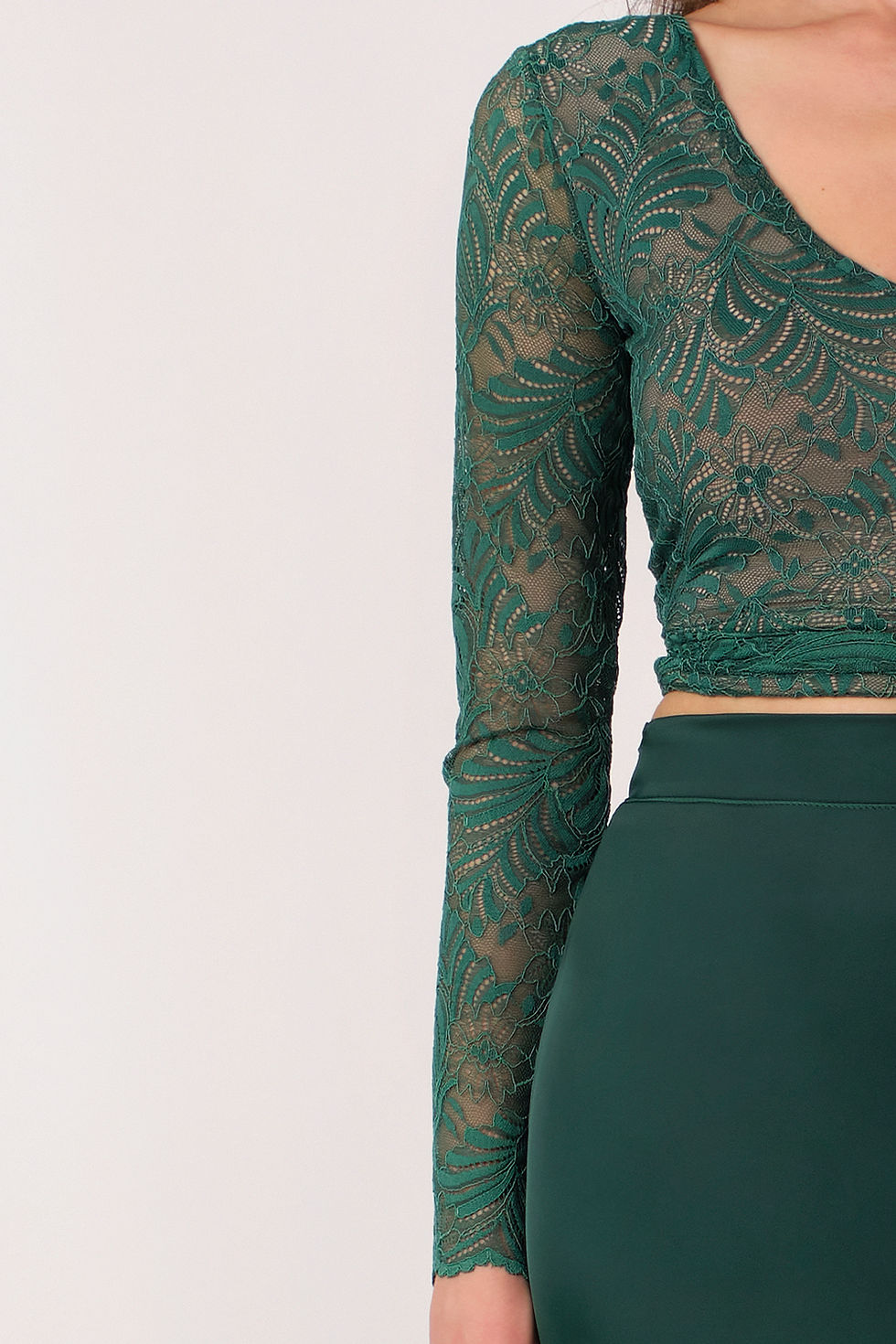 Thumbnail: Agus - Emerald Green Satin Skirt & Long Sleeve Lace Tango Top Set