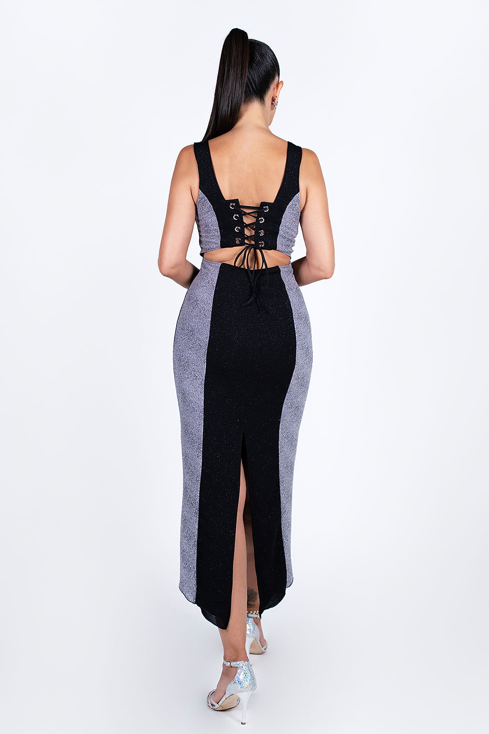 Thumbnail: Ra Paneled  - Shiny Black & Grey Tango Dress