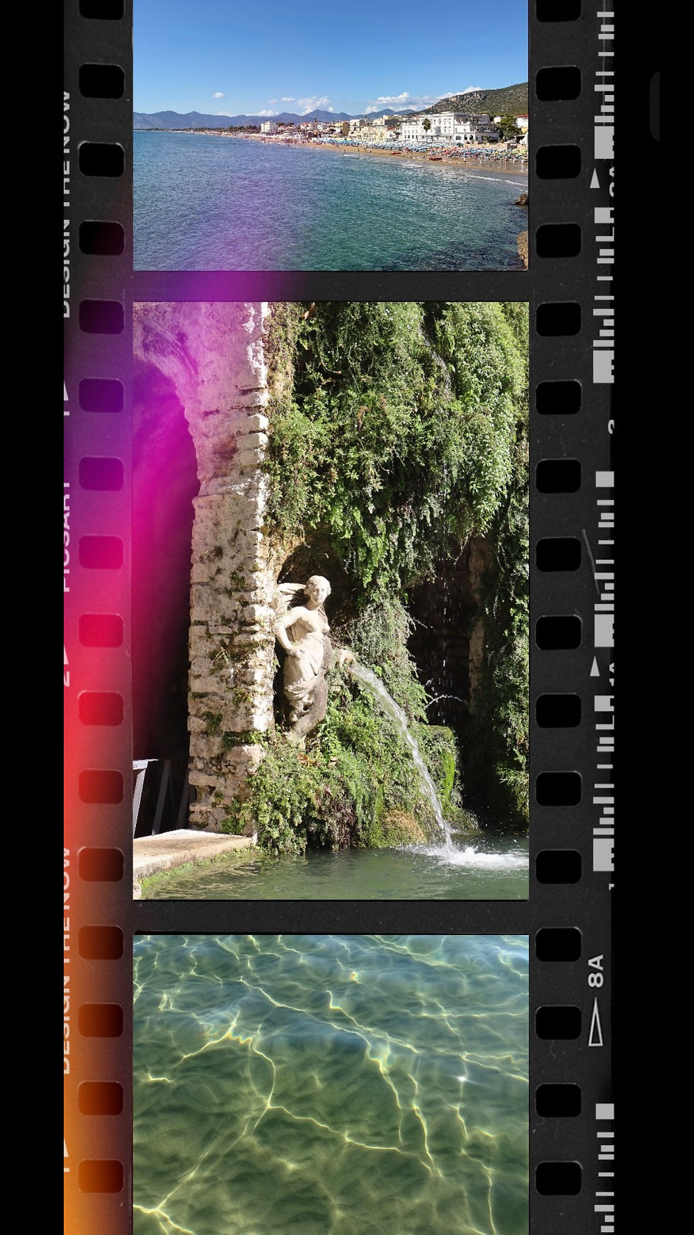 Film strip of a sunny coastal town, a mossy statue fountain, and sunlit rippling water with vintage black borders