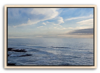 Gentle waves meet an endless horizon under a dramatic sky filled with soft colorful clouds during sunset in a natural frame