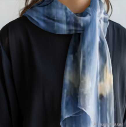 Cotton scarf with tranquil blue and gray abstract design, elegantly wrapped around the neck.