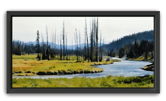A winding river flows through bright green meadows and sparse pines beneath distant blue hills, set in a black frame