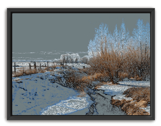 Abstract winter scene with a winding stream, frosty trees, and snowy fields under a gray sky, set in a black frame