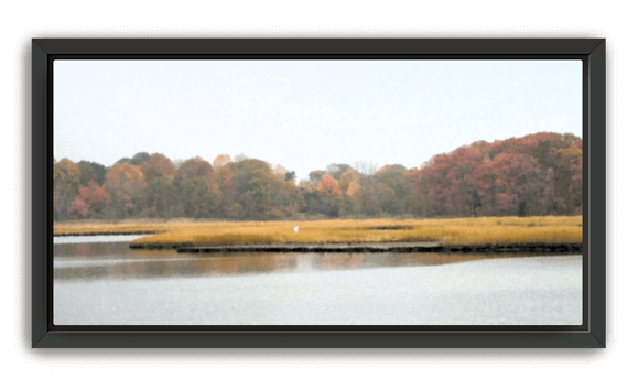 Calm NE shoreline with autumn trees and golden marsh grasses reflected in still water, set in a black frame