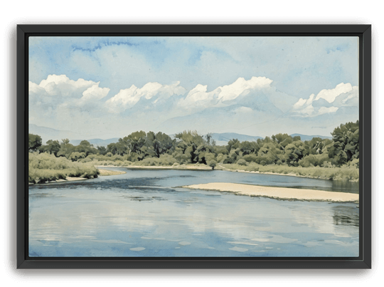 Watercolor-like print of a calm river with green trees, sandy bank, distant hills, and clouds, set in a black frame