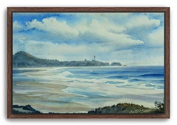 Thumbnail: Watercolor-like image of a beach with waves coming ashore with an outcropping and lighthouse in the distance in a walnut rame