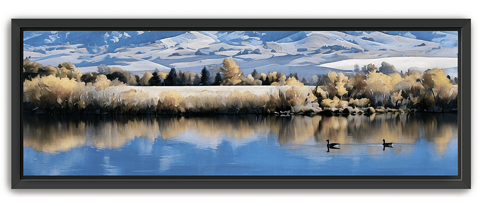 Peaceful pond with two geese, golden cattails, and trees reflected in calm water under a blue sky, set in a black frame