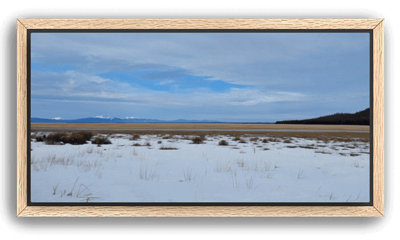 Snow-covered marshland with golden grasses and distant blue mountains under a cloudy sky, set in an oak wood frame.
