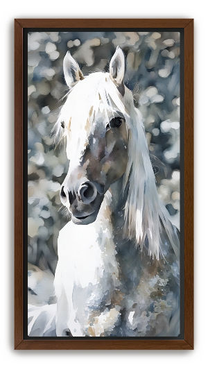 A watercolor-like print of a majestic white horse, standing amidst a soft, background of blues and golds in walnut frame