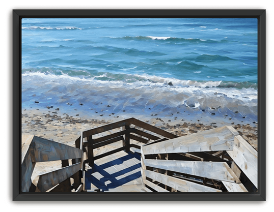 A weathered wooden staircase leads to the beach and the gentle aqua blue waters of the Pacific in a black frame
