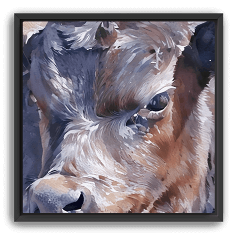 A close-up of a cow’s face, capturing soft brown and white tones with striking detail, set in a black frame.