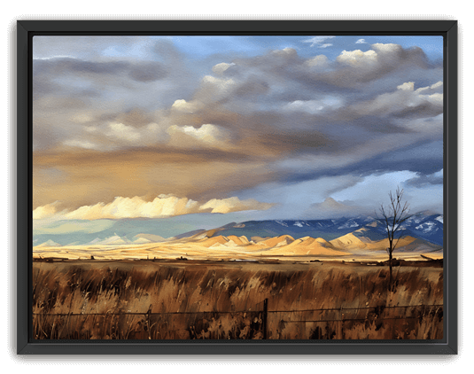 Golden sunset light spills across open fields and distant mountains under dramatic purple clouds, set in a black frame