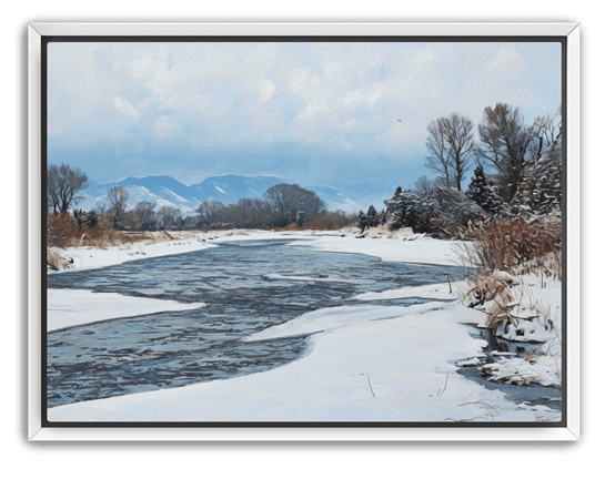 Oil-like winter landscape of a frozen river with snowy banks and distant mountains, set in a white wood frame.