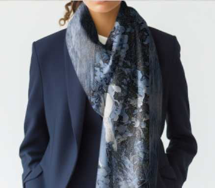 Thumbnail: Cashmere scarf featuring an elegant winter scene with white cranes and soft blue-gray tones, draped around the neck