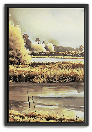 Watercolor-like image of a golden meadow and calm lake under a soft sky, set in a black wood frame