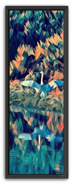 A geometric abstract of a crane in flight along the water's edge with the brush in vibrant orange and blues in a black frame