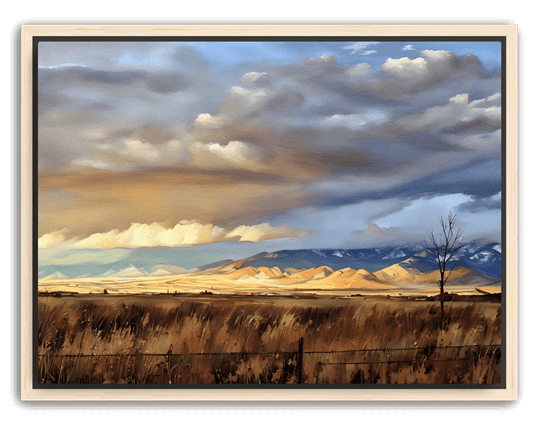 Golden sunset light spills across open fields and distant mountains under dramatic purple clouds, set in a natural wood frame