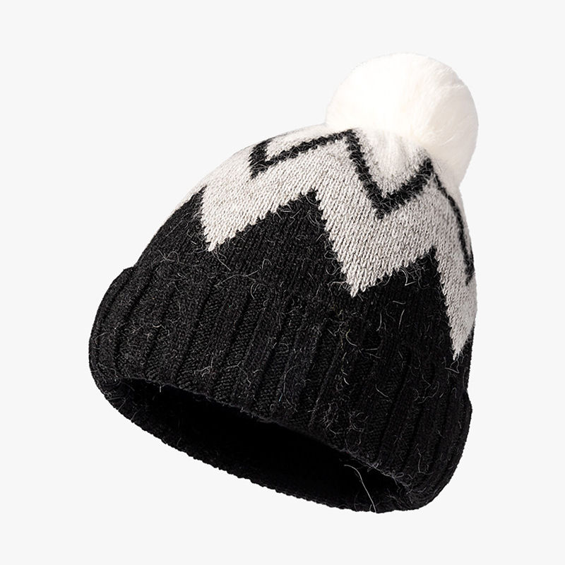 Thumbnail: 100g Sunday Angora Chevron Knit Beanie with Faux Fur Pom Pom