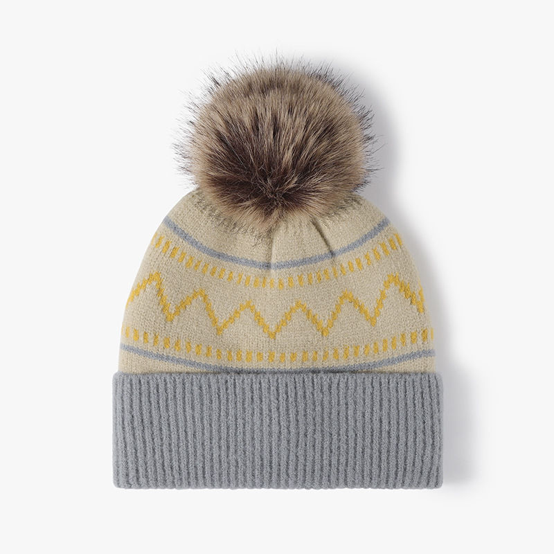 Thumbnail: 130g Cashmere-like Acrylic Beanie with Faux Fur Pom Pom