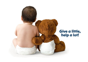 A diapered baby sits with a brown teddy bear on a white background. Text reads "Give a little, help a lot!" Mood is warm and comforting.