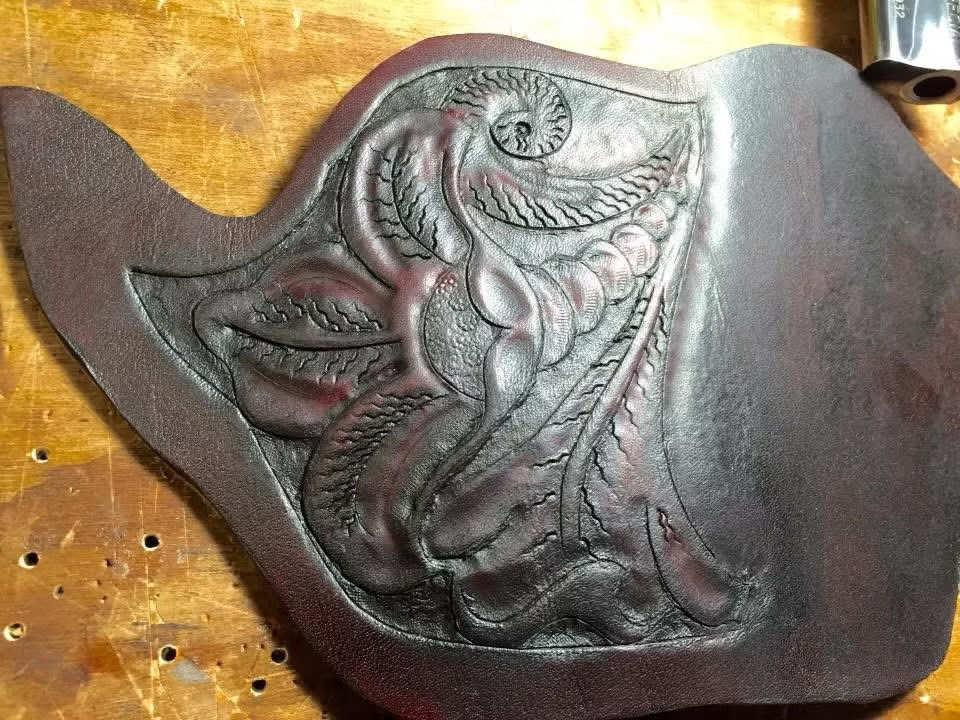 The first coat of leather dye
