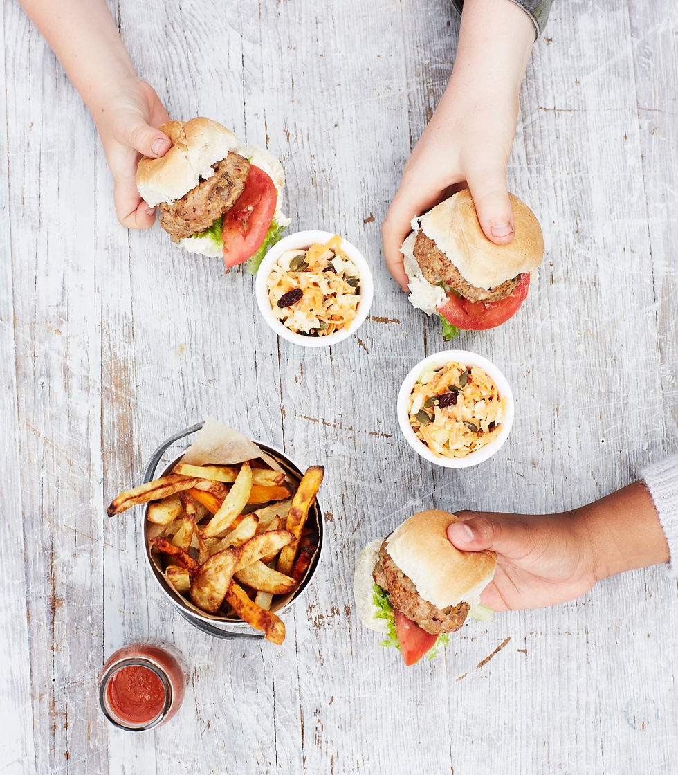 Burgers, chips and coleslaw