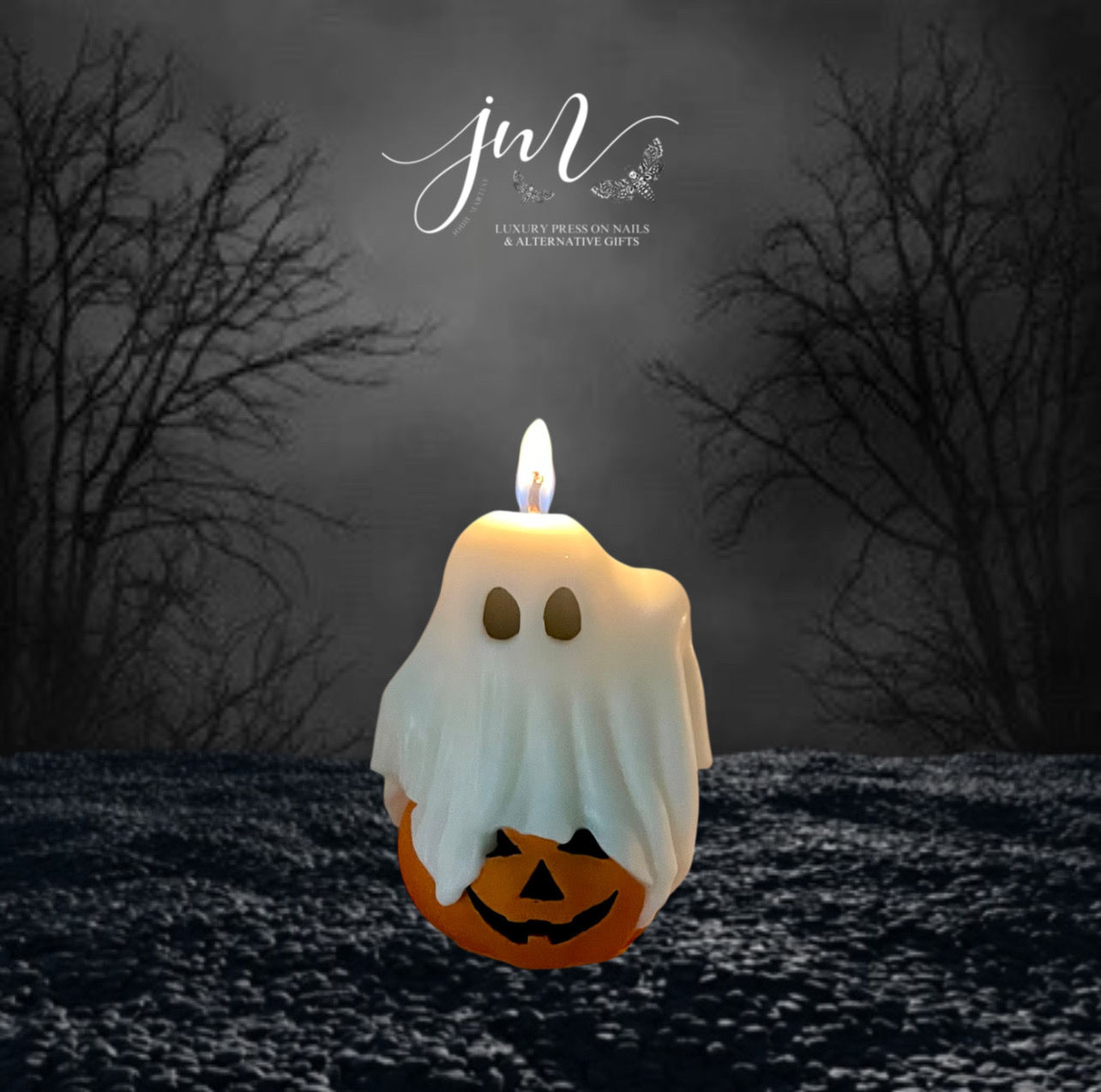 Ghost sitting on Pumpkin Candle