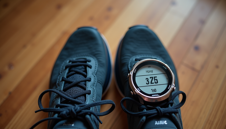 High angle view of a pair of marathon running shoes on a wooden floor with a GPS watch beside them