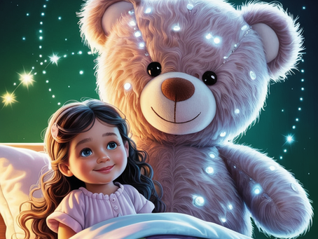 Leni sitzt mit ihrem Teddy im Bett und lauscht seinen Geschichten