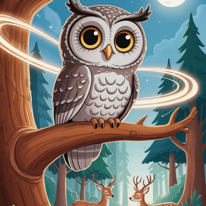 Eule Elli sitzt auf einem Ast, umgeben von Waldtieren die ihrem Gesang lauschen