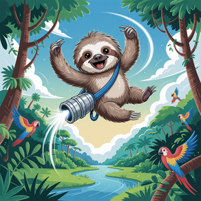 Fluffy fliegt mit seinem Jetpack durch den Dschungel