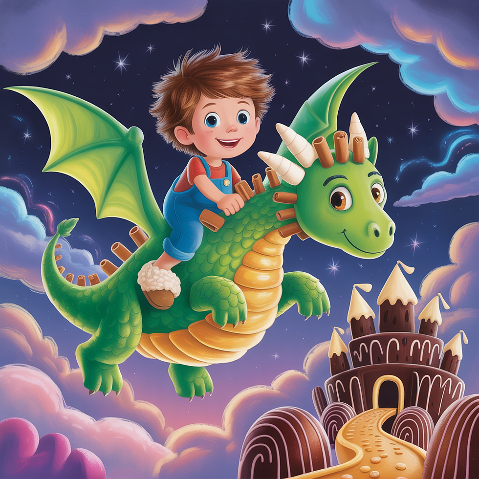 Lunis fliegt auf seinem Drachen zur Schokoladenburg