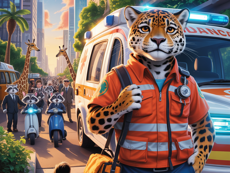 Jacky steht mit Rettungstasche vor dem Rettungswagen