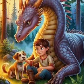 Dracolix der Wunschdrache sitzt zusammen mit Jonas im Wald