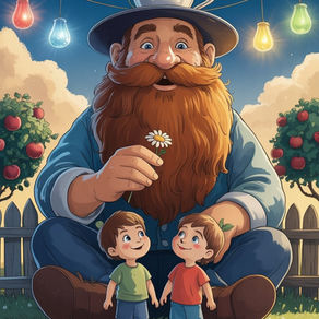 Barnabas der Riese sitzt im Garten und hält ein Gänseblümchen in der Hand