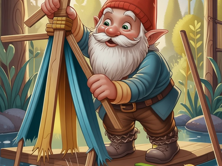 Karl Klabautermann steht auf seinem Floss und ist am Bauen