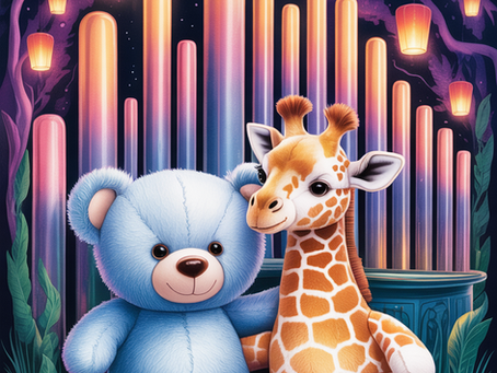 Erina und Emily, die beiden Kuscheltierfreunde sitzen im Regenbogenland