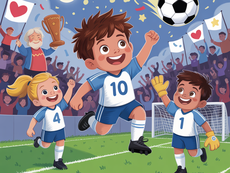 Kevin, Tim und Greta stehen auf dem Fußballplatz