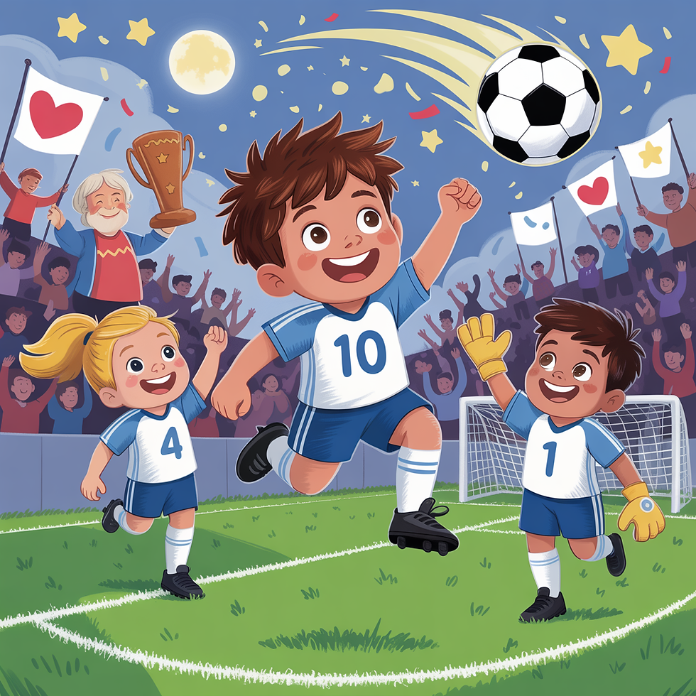 Kevin, Tim und Greta stehen auf dem Fußballplatz