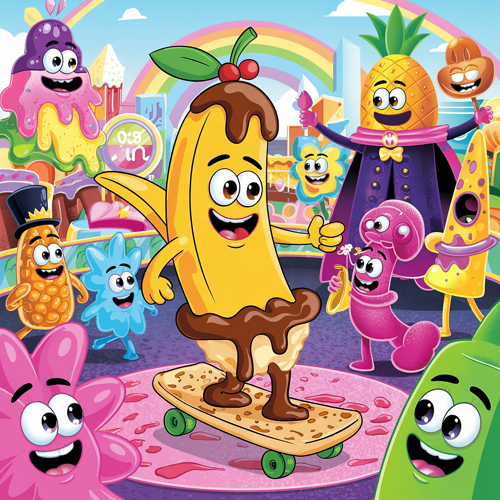 Benny die Bananenschale steht auf einem Skateboard in der Menge