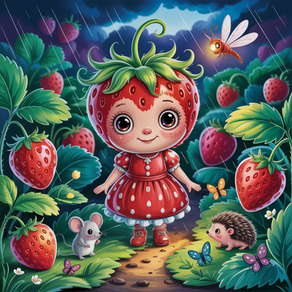 Erdbeerlinchen steht im Erbeerenfeld mit ihren Freunden